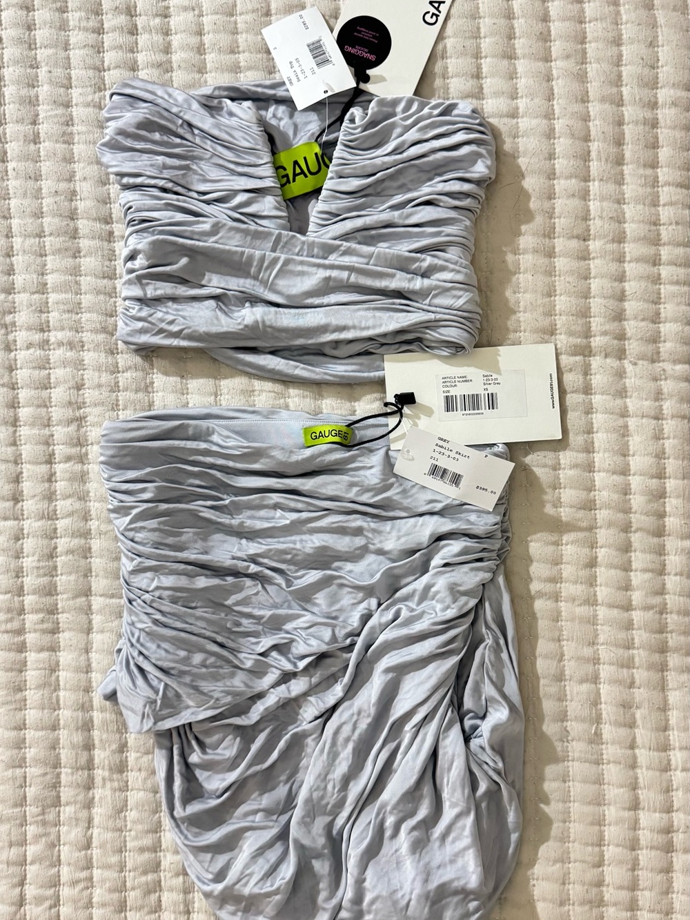Gauge81 Light Gray Ruched Bandeau Top and Skirt Set